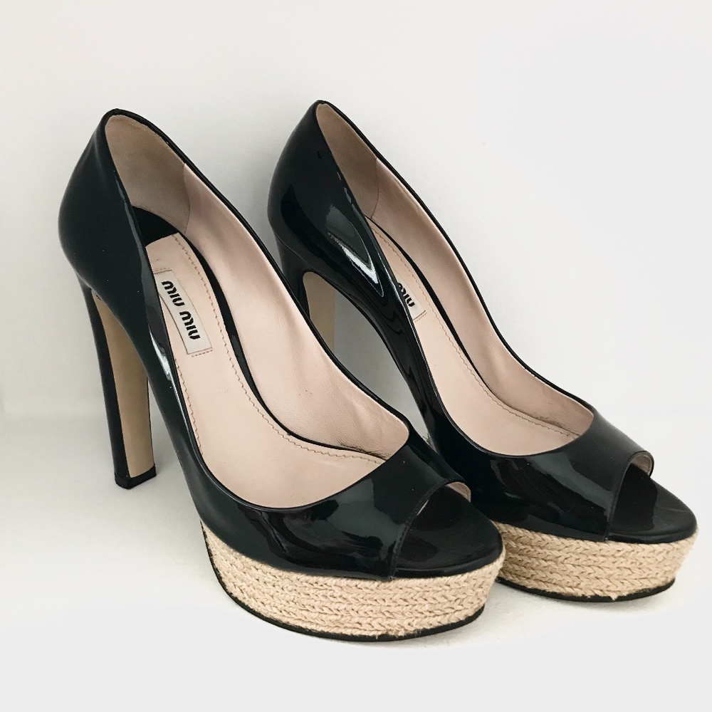 Miu Miu Black Patent Leather Platform Peep-Toe Hee